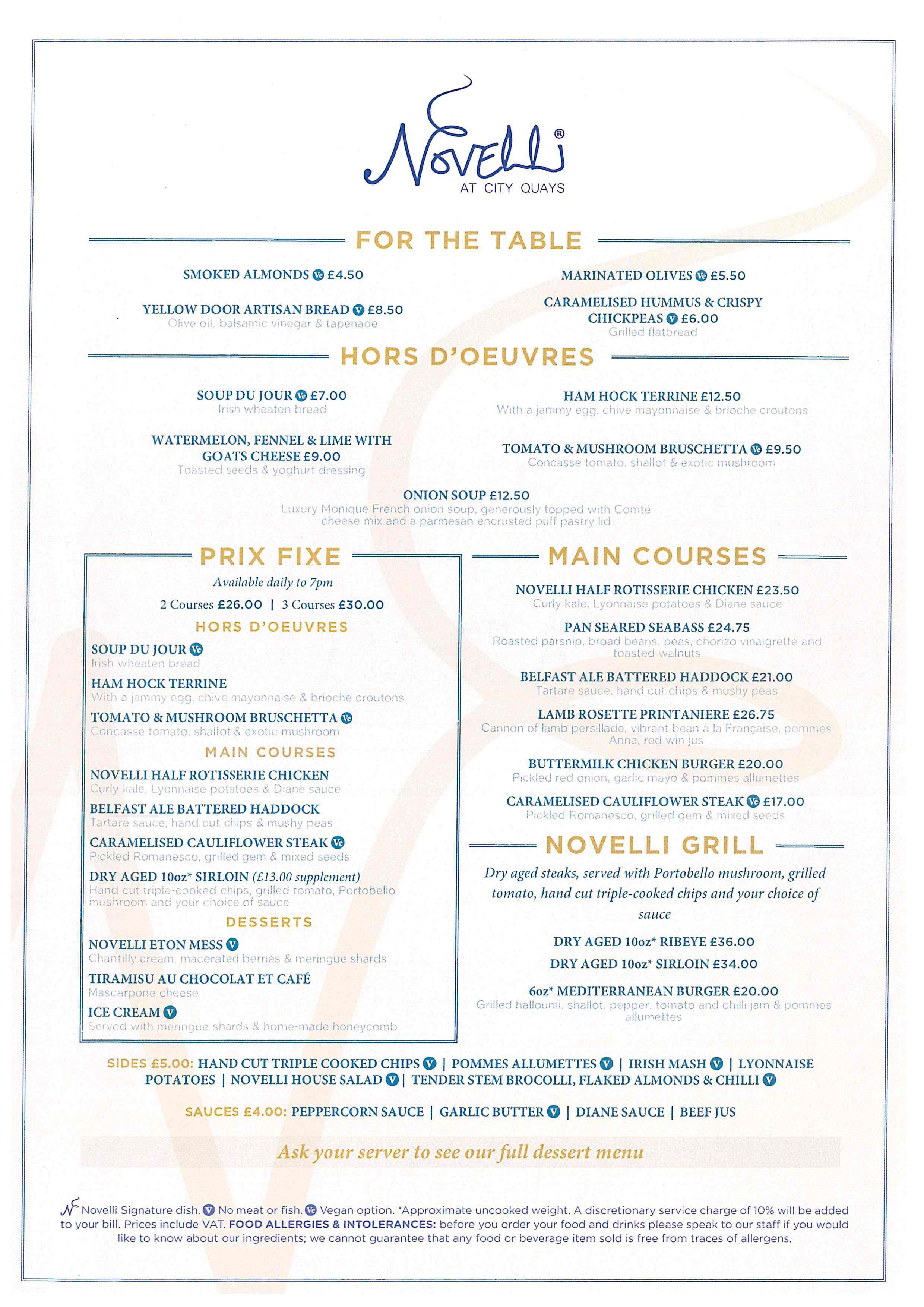 Novelli At City Quays A La Carte Menu
