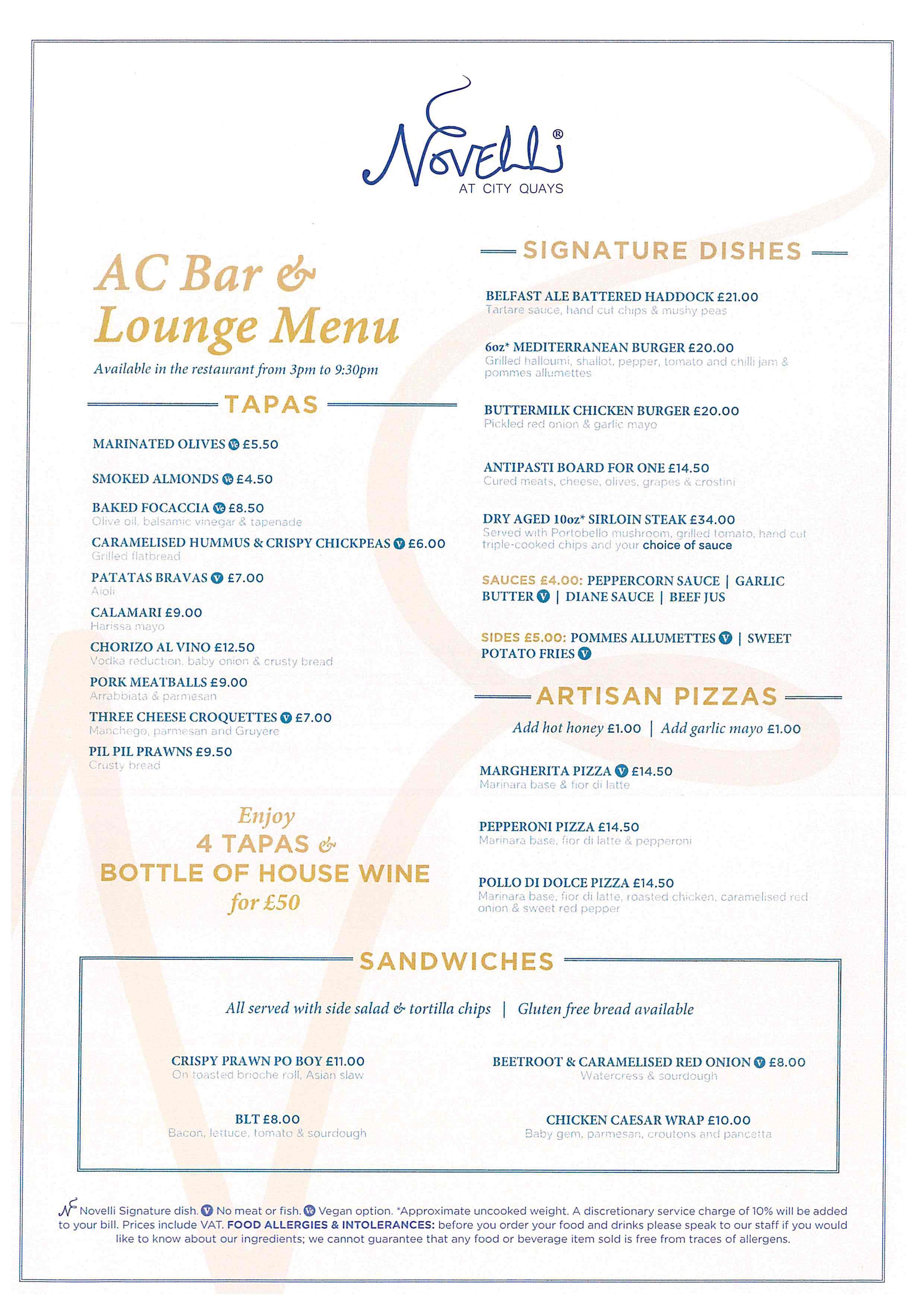 Novelli At City Quays Bar & Lounge Menu
